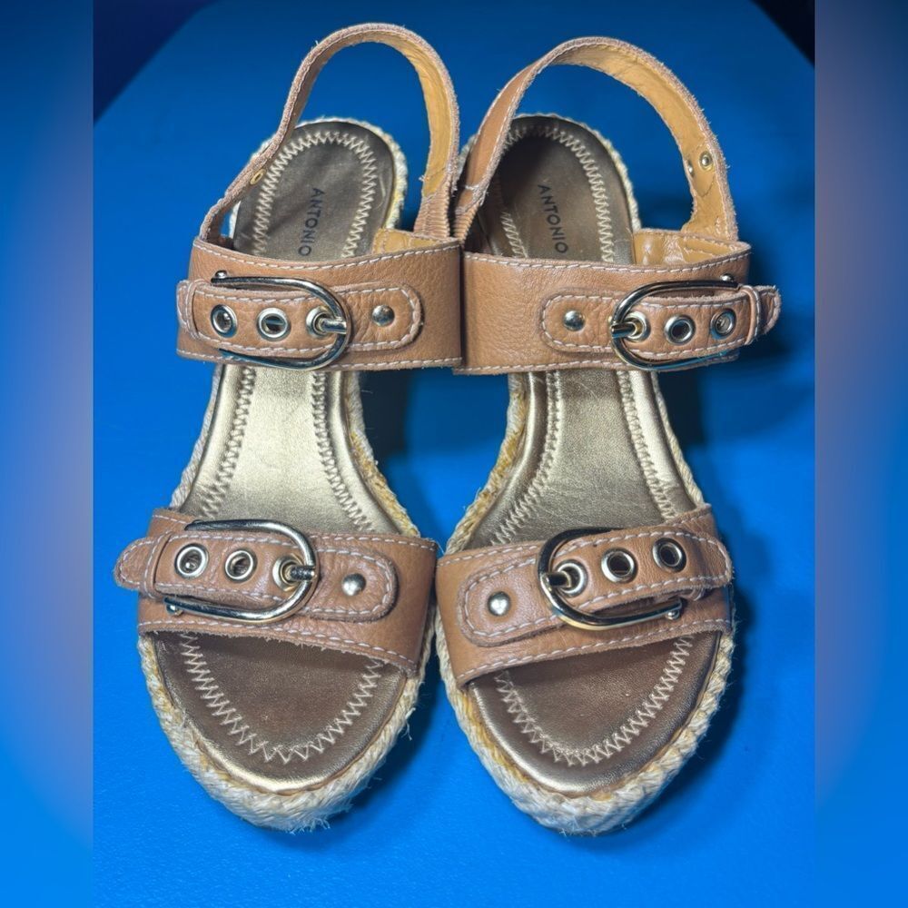 ANTONIO MELANI Wedge Sandals  Size 6.5M Brown Leather Gold Buckles EPC Espadril